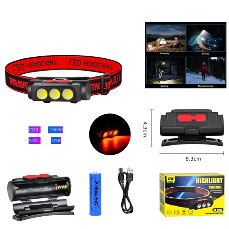 Фонарик налобный с аккумулятором 18650, USB Type-C, COB LED BAILONG BL-2119C