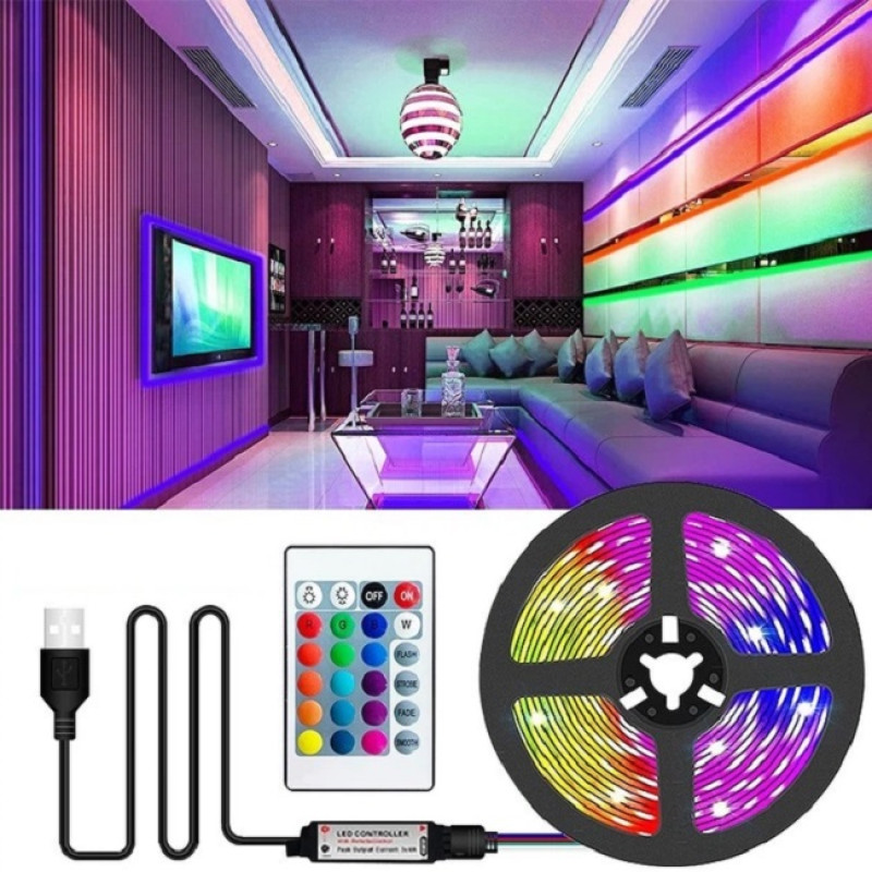 Гірлянда-стрічка (Rope-Lights) SMD5050-RGB Music універсальна, пров.: чорний, 5м (Різнокольорова)