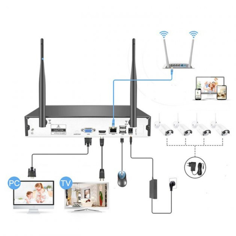 Комплект видеонаблюдения беспроводной Full HD Wi-Fi на 4 камеры с регистратором